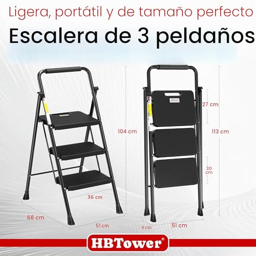 Miniatura 6 de Hbtower Escalera 3 Peldaños Plegable, Peldaños Antideslizantes Con Asas Cómodas, Escalera Portátil De Acero, Negra