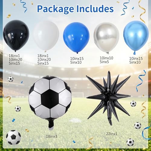 Soccer Balloon Garland Arch Kit, 145PCS Black White Blue Silver Soccer Birthday Decorations with Football Exploding Star Balloon, Soccer Theme Party Decor for Boys, Game Day Watch Party Decorations by EASUTE - Used condition - Image 2