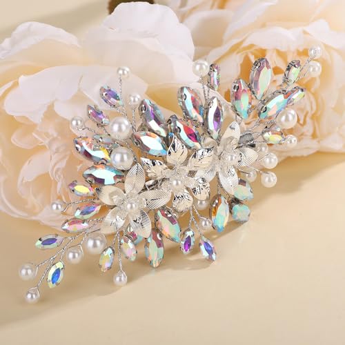 Rumtock AB Color Rhinestones Beads Hair Comb for Wedding Brides Bridesmaid Women Handmade Silver Flower Jewelry (AB Color)
