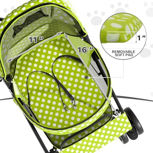 Image of MoNiBloom 4 Wheels Pet Stroller, Easy-Fold Umbrella Shaped Dog Cat Jogger Stroller w /Storage Bag & Visible Mesh for Small /Medium Dogs Cats Lawn Green Polka Dots
