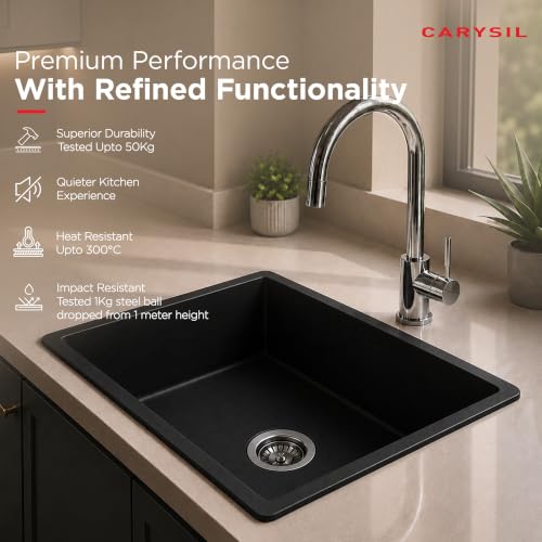 Image of Carysil SALSA MAX Quartz Kitchen Sink 21 x 18 x 8 inches, Single Bowl, 80% Quartz & 20% Resin, Heat Resistant 300C, 50kg Load, Scratch & Stain Resistant, Granite Sink, 304 SS Coupling - Nera