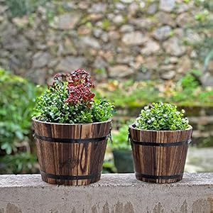 Small Wooden Bucket Barrel Planters – 8 Inch 7 Inch Rustic Flower Planters Pots Boxes Container with Drainage Holes for Indoor Home Decor Small Plants, Brown Set of 2 Small Wooden Bucket Barrel Planters–8 Inch 7 Inch Rustic Flower Planters Pots Boxes Container with Drainage Holes for Indoor Home Decor Small Plants Brown Set of 2