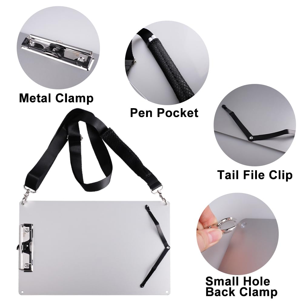 Portapapeles A4, portapapeles de aluminio con correa ajustable para el hombro de 160 cm, ideal para talleres, obras, viajes de negocios y viajes, plateado (33,5 x 24 cm)