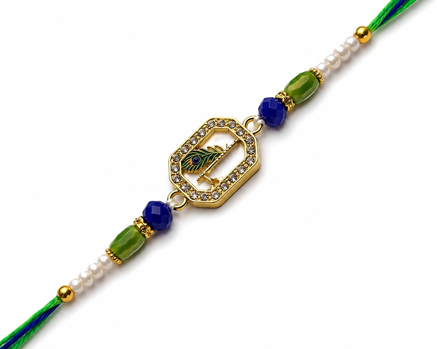 Himanshu Trading Company Krishna Flute Rakhi with Peacock Feather Motif and Crystal Beads Premium Designer Rakhi for Brother | Crystal Studded Mor Pankh Charm | Handmade Pearl & Bead Raksha Bandhan Thread-picture-10