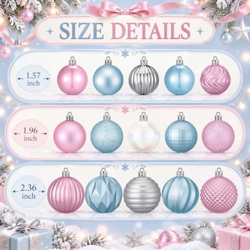 Image of Lunmon 64 Pcs Pastel Christmas Ball Ornaments Pink Blue Silver Xmas Bulbs