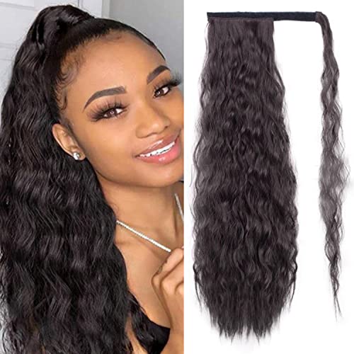 JessLab Long Ponytail Extensions and Drawstring Ponytail, 22 Inch Corn Wave Natural Look Heat Resistant Wavy Hairpiece Ponytail Wrap Pony Wig with Magic Paste for Women Girl