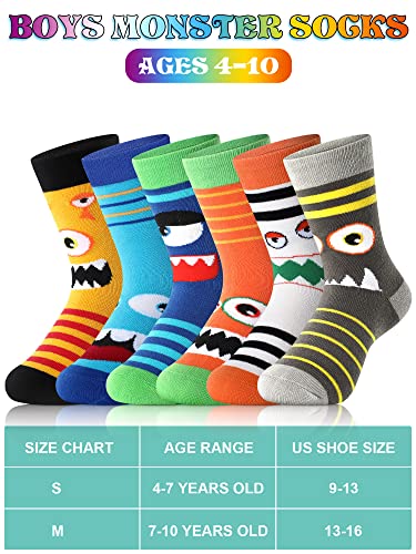 Jinei 6 Pairs Kids Monster Socks Pattern Cotton Crew Socks Boys Sports Novelty Girls Soft Funny Casual Fashion Breathable Socks (4-7 Years) #TOP4
