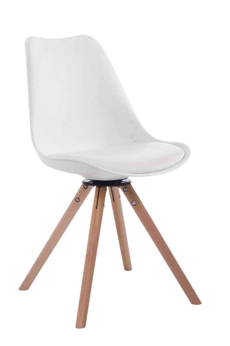 CLP Chaise Visiteur Design Retro TROYES Rond- Chaise de Salle à Manger Rembourré Revêtement en Similicuir Piétement en Bois Forme Ronde - Assis | Couleur Blanc Couleur du Cadre Natura