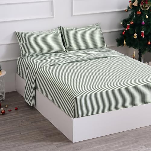 Image of Best Season Queen Size Sheet Set 4 Piece -Pinstripe Microfiber Soft Durable Bedding Sheet Set,Deep Pocket,Stain,Fade & Wrinkle Resistant (Stripe Grass Green)