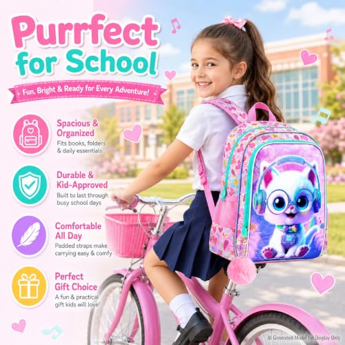 Image of AGSDON 3PCS Backpack for Girls, 16 inch Little Kids Cat Preschool Bookbag, Elementary Backpacks and Lunch Box - Purple