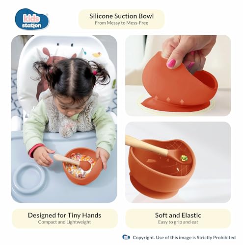 Image of Kids Station 8-Piece Silicone Baby Feeding Set | Suction Bowl, Plate, Bib, Cup, Spoon & Fork | 100% Food Grade BPA-Free Silicone | Non-Slip, Easy to Clean (Pack of 8, Orange)