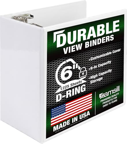 Image of Samsill Durable 6 inch 3 Ring Binder, Locking D Ring Binder, Customizable Clear View Cover, White, Holds 1225 Pages