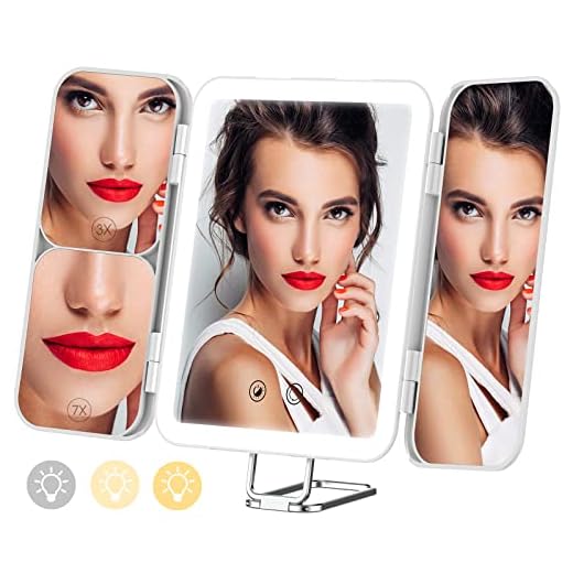 Yibeiup Makeup Mirror with 3 Color Lights, Tri-Fold Vanity Mirror with 3X 7X Magnifying, Portable Travel Light Up Mirror, Tabletop/Wall Mounted Mirror with 64 LED Lights (White)