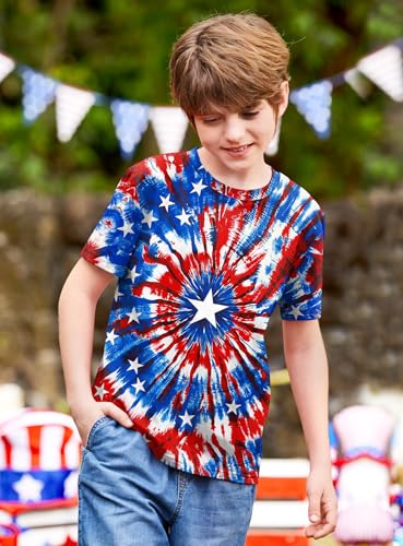 Image of BesserBay Unisex Kids 4th of July American Flag Tee Tie Dye Patriotic Short Sleeve Shirt 6-14 Years