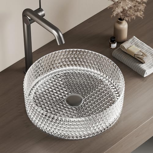 EMKE Lavabo Sobreponer en Vidrio Cristal, Redondo Transparente, 36 x 36 x 11.2 cm, Lavabo de para Baño y WC de Invitados, Sin Orificio para Grifo