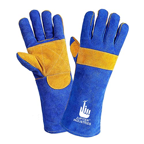 Image of Animal Handling Leather Gauntlet Gloves, Bite Proof Protection from Dog, Cat, Bird, Snake, Kevlar Stitch Gloves for Vets, Groomers, Pet Owners (Blue-Yellow, 16 inch, Pack of 1 Pair)
