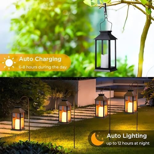 Yowin Solar Lanterns for Outside 2 Pack Hanging Solar Lantern Outdoor Garden with Flickering Candle, Waterproof Garden Gifts Auto On/Off Table Lamp for Balcony Wall Patio Vintage Decorations - Image 4