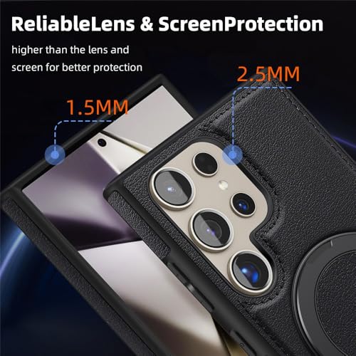 Image of Bumper Case with Kickstand for Samsung Galaxy S-Series Ultra Case Compatible with Wireless Charging | Luxury Aluminum Armor (Ring Leather-Black, Samsung Galaxy S25 Ultra)