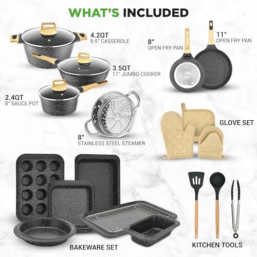 Image of NutriChef 22-Piece Nonstick Ceramic Cookware Set - Pots and Pans Set with Bakeware, Utensils & Oven Mitts, Induction Compatible, PTFE & PFAS Free, Tempered Glass Lids, Cool-Touch Handles -Black