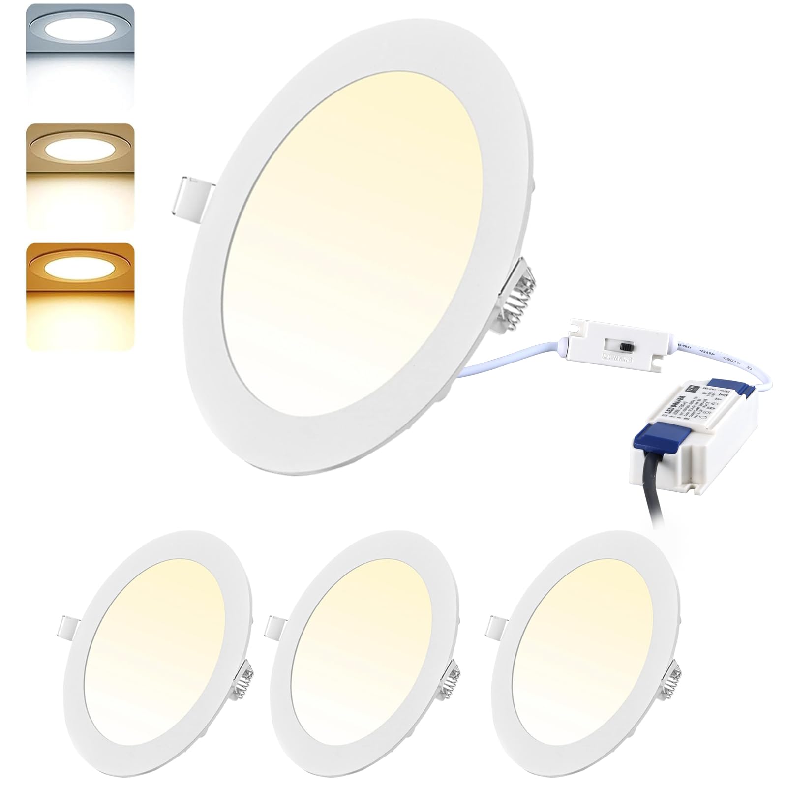 4PACK 12W LED Recessed Ceiling Lights 3CCT Selectable 3000K/4000K/6000K Round LED Panel Lights Cut Φ155mm LED Downlights for Bathroom Bedroom Kitchen Living Room, Not Dimmable