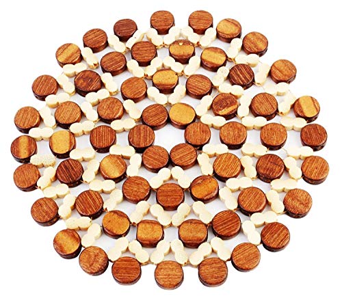 Image of 4 Pcs Round Wooden Trivet Mat Set Heat Resistant Pot Holder Pads for Kitchen Dining Table Brown Flower Shape 21 x 21 cm Protects Surface from Heat Scratches for Plates Dishes Pots Pans Serveware