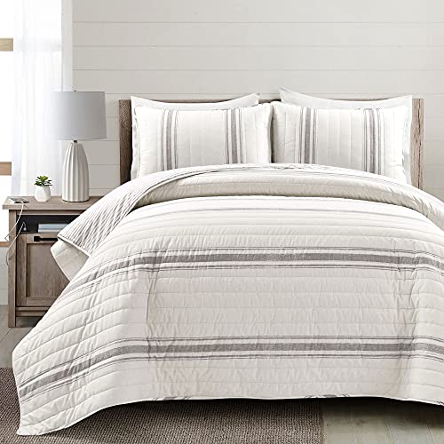Image of Lush Decor Farmhouse Stripe Reversible Cotton Quilt King Size 3 Piece Set Gray - Farmhouse Bedding Set King Quilt - Striped Bedding