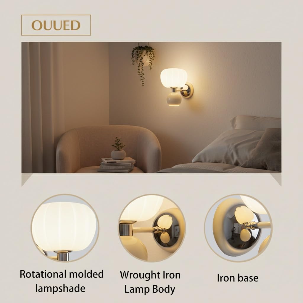 Aplique de Pared para Interiores, Dormitorio, Pasillo, Estilo nórdico Moderno, Doble Globo, Base de Metal Cromado con Cristal Esmerilado y Esfera Pintada, para Sala de Estar, mesit