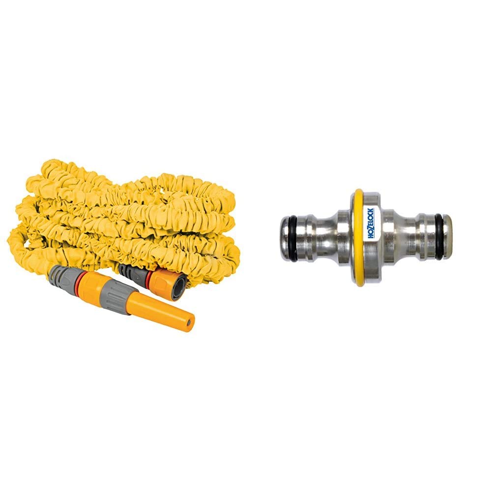 Hozelock 30m Superhoze Hosepipe, Yellow & Grey & Pro Metal Double Male Hose End Connector