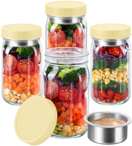 4-Pack Glass Salad Jars with Lids & Dressing Cups for Prep & Lunch, 32 oz