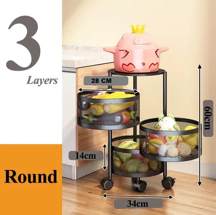 Image of MARKWELL Round Rotatable Kitchen Trolley with Wheels | Vegetable Fruit Onion Storage Rack | Multipurpose Metal Kitchen Organizer Stand | Matt Black (Round - 3 Layer)