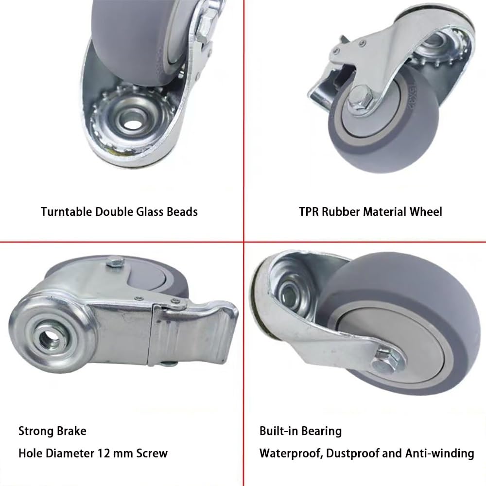 3/4/5 Pollice Ruote in Gomma Silenziose, 4 Pezzi Ruote Pivottanti con Freni, 12 MM Foro Superiore Universale Ruote per Carrelli, Industriali, Möbel(Swivel,3 inch)