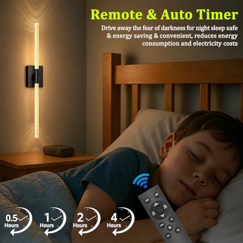 Image of iThird Crystal Bubble Wall Sconces Set of 2: 10000mAh Rechargeable Wireless Lights with Remote & 360 Rotate, 4 Color Temps Dimmable, 31.5 inch Wall Lamp for Bedroom Living Room Mirror, Black