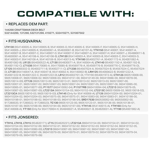 Image of UDC Parts 144200 Deck Belt Replacement for Craftsman 532144200 Belt 131290 Husqvarna LTH120 LTH130 YTH150 532131290 419271 532419271 Poulan AYP V-Belt YTH190 YTH180 / Aramid Cord / 88.00 inches