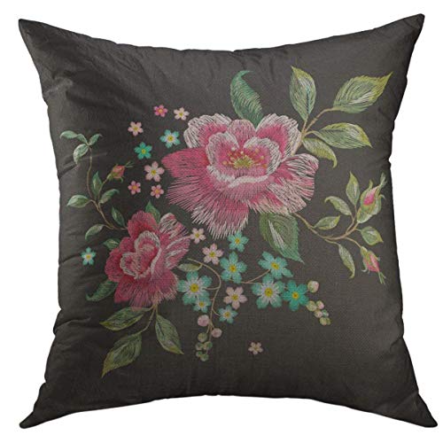 Mugod Decorative Throw Pillow Cover For Couch Sofa,Oriental Floral Pattern With Pink Roses Traditional Embroidered Patch Flowers On Black Asian Home Decor Pillow Case 18X18 Inch #TOP22
