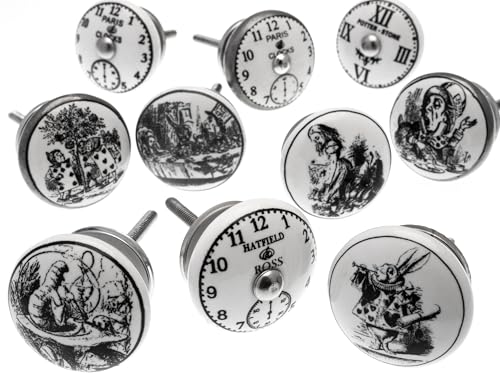 Mango Tree Mélange Lot de 'Alice au Pays des Merveilles - Horloges' Noir Et Blanc Céramique Poignées De Placard x Paquet 10 (MG-262) TM Enregistrée Produit