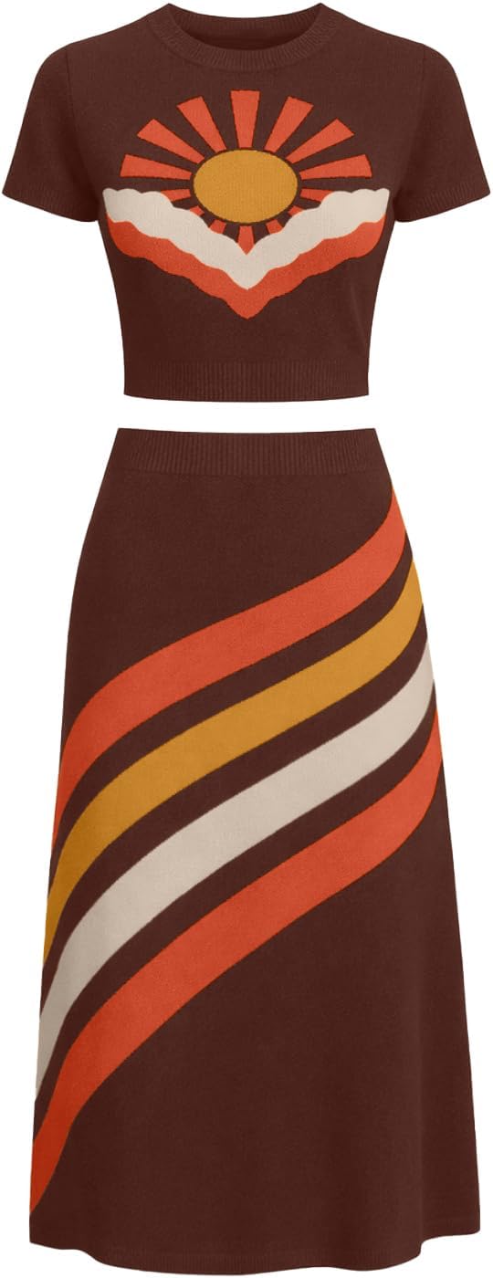 OXKNIT Women's Knitted Skirt Sets, 1960s Retro Sun Pattern T-shirt and Stripes A-Shape Mid Skirt Brown 2 Piece Sets