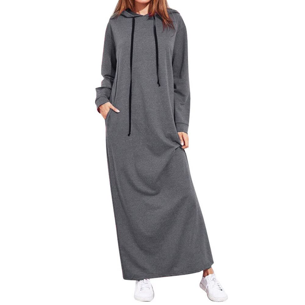 Bigfanshu Women's Maxi Dress Long Sleeve Hooded Ladies Casual Hoodies Long Dresses Elegant Solid Color Summer 2020