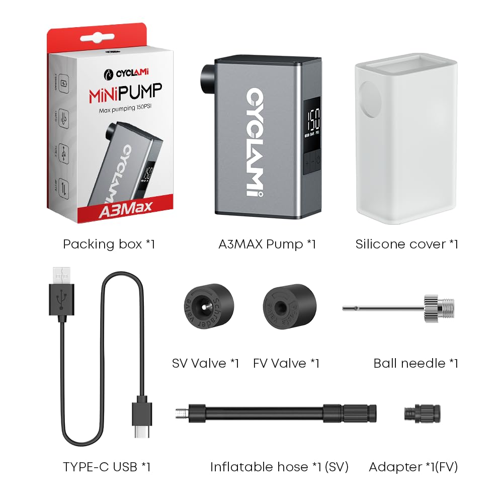 A3MAX Mini Bomba de Bicicleta, Carcasa Aluminio, MAX 150 PSI Bomba de Bicicleta Portátil con Manómetro, Válvulas Presta/Schrader, Auto Stop, para Bicicletas de Montaña, Ciudad y Carretera