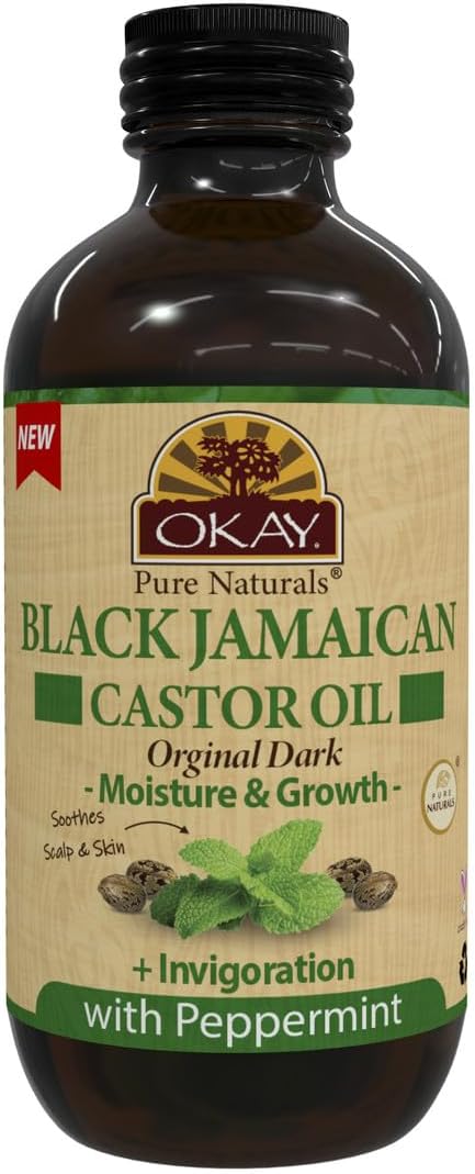 Okay Pure Naturals Black Jamaican Castor Oil - Castor Oil for Hair Growth, Moisture for Skin, Face, Scalp, Eyelashes, Eyebrows - Hair Oil for Men & Women - Peppermint, 4 oz Glass Bottle