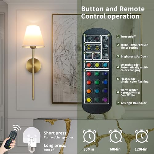 Image of Battery Operated Wall Sconce Set of 2, 15 Colors Wireless Wall Light With Dimmable Remote Control Last 18-50 Hours, Gold Rechargeable Wall Lamp With White Fabric Shade For Living Room Bedroom Hallway