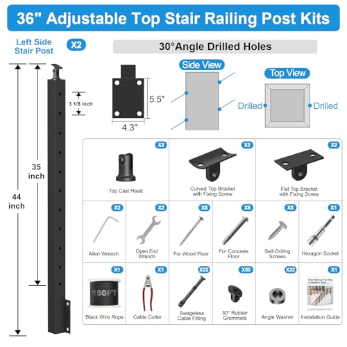 Image of 4-12FT 36 inch Side Mount Stair Railing Post Kits Include 2Pack Left Side Stair Posts, 150FT Wire Rope, Fasica Mount Deck Stair Railing System, 1 /8 inch Stainless Steel Black Wire Railing Kits, RG72