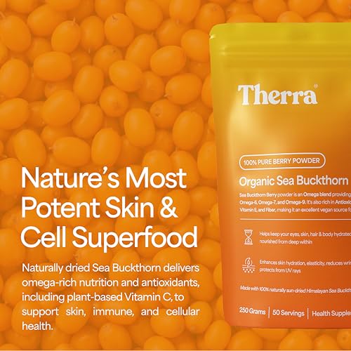 Image of Therra Sea Buckthorn Powder - 250g | 100% Pure & Organic Sea-Buckthorn | Natural Immunity Booster with Omega 3-6-7-9 | Strong Antioxidant for Skin Glow, Gut & Heart Health | Rich in Vitamins, Fiber & Phytonutrients | Naturally Dried