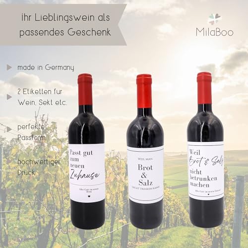 MilaBoo® 2er Set Weinaufkleber zur Einweihung I Weinetikett Aufkleber zum Einzug I Sektaufkleber Brot und Salz I personalisierte Flaschenetiketten (Brot & Salz - nicht betrunken)