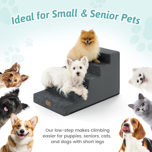 Image of COZY KISS Dog Stairs for Small Dogs 15.7 inch H, 4-Step Gentle Incline Pet Step for Couch Sofa, Non-Slip Dog Ramp for Puppy Doggie Senior Cats, 15.7x23.6x15.7 Inch, Charcoal Grey