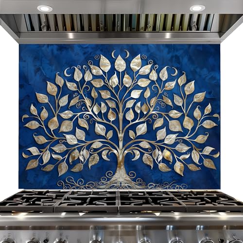 Blue Tree of Life Tempered Glass Backsplash for Kitchen, Easy to Clean Glass Backsplash, 10K UV Printing Stove Backsplash, Personalized Oven Backsplash, Easy Multi-Mount Kitchen Backsplash