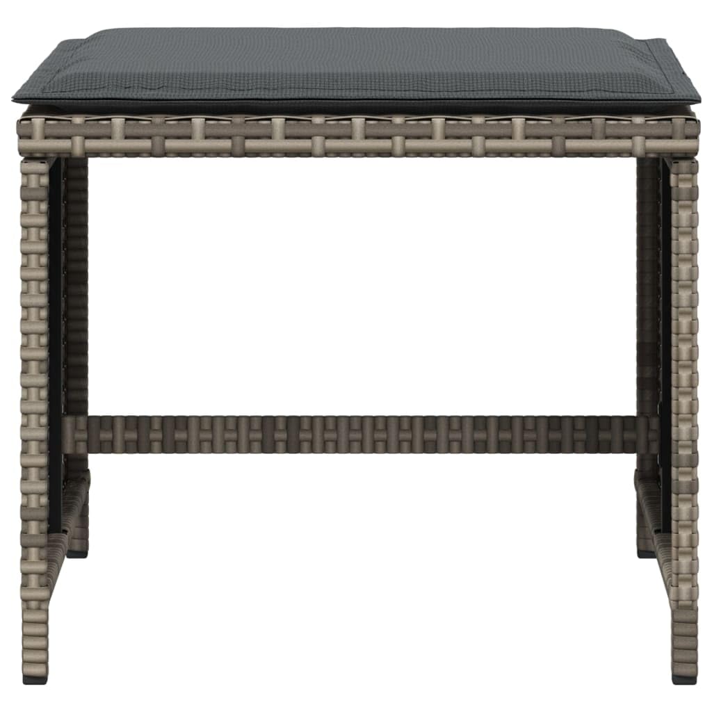 Taboret ogrodowy z poduszkami, 4 sztuki, szary, 40 x 40 x 35 cm, polirattan, odporny na warunki atmosferyczne, można układać w stos, stołek do siedzenia na zewnątrz, z tapicerką, na taras