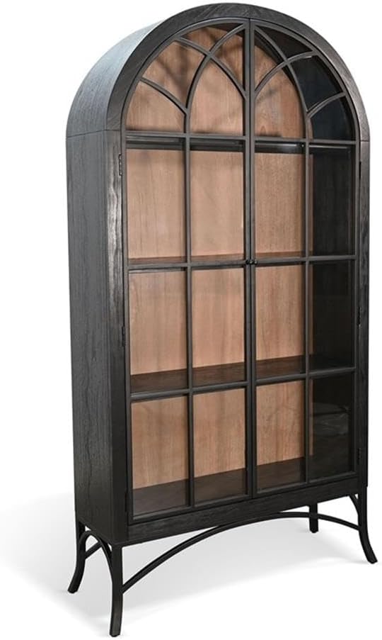 Pemberly Row Glass Display Cabinet, Off White Solid Wood, Arched Glass Doors, Contemporary Design, Sophisticated Storage for Living Room or Home Décor Display