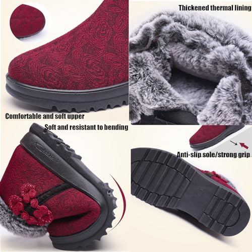 Women's Winter Warm Fur Lined Snow Ankle Boots,Ethnic Style Embroidered Warm Booties Comfortable Side Zip Casual Indoor Outdoor Flat Non-Slip Mom Cotton Shoes2