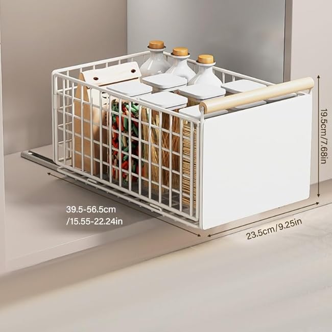 Wire Storage Basket For Kitchen Pantry and Counter, Pull Out Cabinet Sliding Basket, Under Sink Mesh Drawer Organizer with Handle, Stackable Wire Organizing Bin for Produce (white)