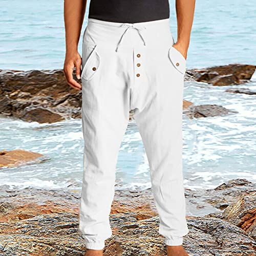 White Linen Pants Drawstring Elastic Waist Skinny-Fit Solid Loose Trousers Fashion Casual Double Pockets Pants2